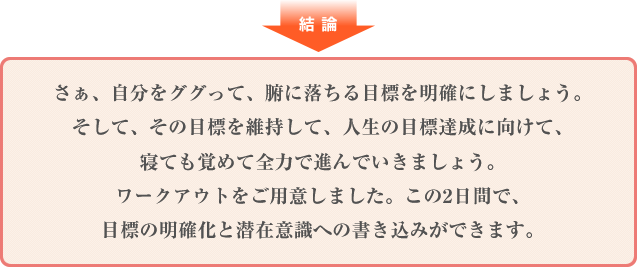 結論：さぁ、自分をググって、腑に落ちる目標を明確にしましょう。そして、その目標を維持して、人生の目標達成に向けて、寝ても覚めて全力で進んでいきましょう。ワークアウトをご用意しました。この2日間で、目標の明確化と潜在意識への書き込みができます。